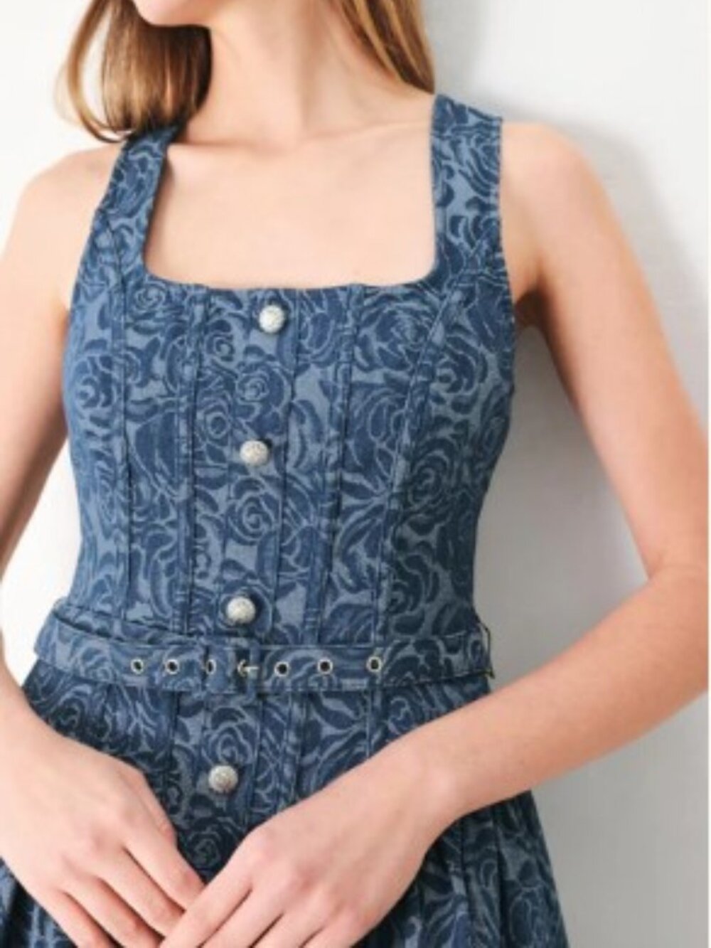 Vintage Blue Garden Denim Toile Button Front Midi Dress - Picture 2 of 3